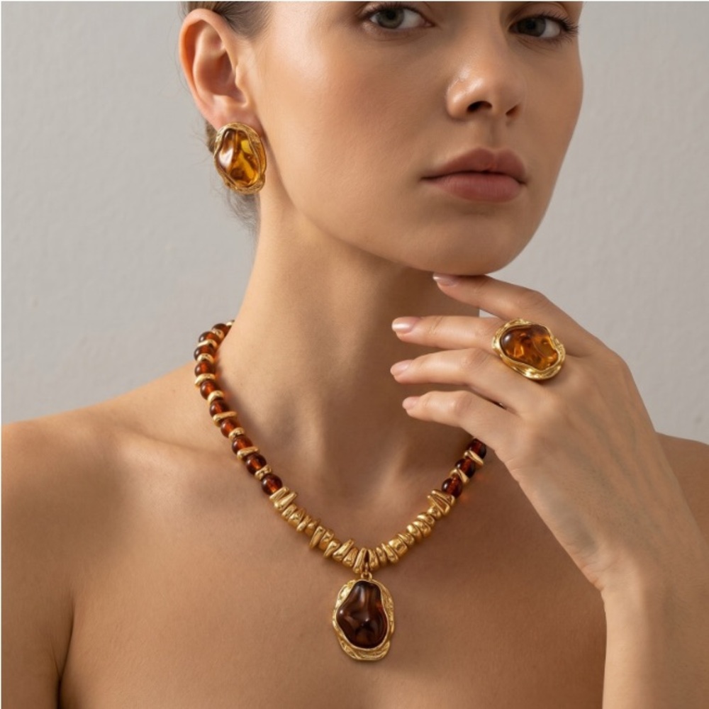 Gold-Tone Amber Pendant Necklace Set - Women Jewelry